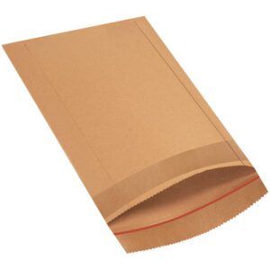 The 10 1/2 x 14 Lbs5 Jiffy Rigi Bag® Mailer (150/Case) is a sturdy mailing option with a brown paper envelope and red adhesive strip, featuring a zigzagged edge and open end for added character.