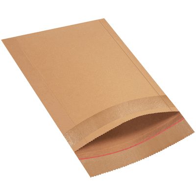 B825.jpg A brown envelope with a red strip along the opening, like the sturdy 12 1/2 x 15 Lbs6 Jiffy Rigi Bag® Mailers (100/Case), rests on a white background. It is slightly open, revealing the inner flap.