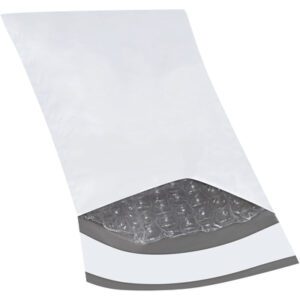 The MH-USA 4 x 8 Bubble Lined Poly Mailers are shown angled and partially open, highlighting the bubble wrap lining. The mainly white mailer has a gray sealing strip for secure shipping.