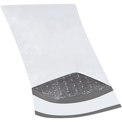 B82825PK.jpg The MH-USA 4 x 8 (25 Pack) Bubble Lined Poly Mailers are white with visible bubble wrap lining, slightly open to reveal cushioning for secure item shipping.