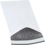 The MH-USA 5 x 10 Bubble Lined Poly Mailers (250/Case) feature an open end revealing a bubble wrap lining, emphasizing their protective design on a plain backdrop, ideal for shipping fragile items.