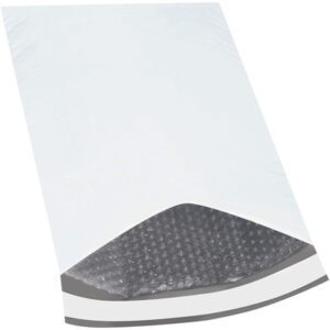 The MH-USA 12 1/2 x 19 (25 Pack) Bubble Lined Poly Mailers are shown with an open flap, uncovering the textured grey bubble cushioning within.