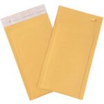 Two yellow 4 x 8 Kraft Lbs000 Self-Seal Bubble Mailers are shown; one sealed, highlighting the strip, and another open to display its interior. Both rest on a plain white background, exemplifying their secure mailing design (500/Case).
