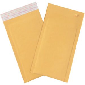 Two 5 x 10 Kraft Lbs00 Self-Seal Bubble Mailers are shown: one lies flat with the self-sealing strip visible, and the other is angled with a partially open peel-and-seal strip. These Freight Saver Pack mailers offer padded protection and feature tear strips for convenience (180/Case).