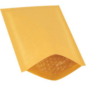 The 6 x 10 Kraft (25 Pack) Lbs0 Heat-Seal Bubble Mailers feature a yellow exterior with an open flap, revealing the protective lining. They are isolated on a white background, ready to securely ship your items.