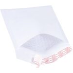 The MH-USA 6 x 10 White Self-Seal Bubble Mailer from a convenient 25-pack is shown with its flap partly open, revealing the shiny bubble-wrap inside. Red text suggests usage details, while the angle highlights these durable mailers, part of the Lbs0 pack.