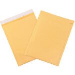 Two yellow 7 1/4 x 12 Kraft Lbs1 self-seal bubble mailers, one open and one closed, are displayed. The open envelope shows a white adhesive strip on the flap. These padded mailers ensure safe mailing with ease using a convenient tear strip.