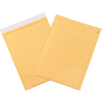 B854SSTT.jpg Two yellow 7 1/4 x 12 Kraft Lbs1 self-seal bubble mailers, one open and one closed, are displayed. The open envelope shows a white adhesive strip on the flap. These padded mailers ensure safe mailing with ease using a convenient tear strip.