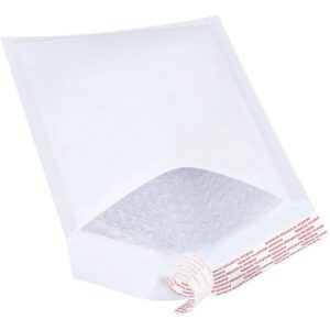 The MH-USA 7 1/4 x 12 white Lbs1 self-seal bubble mailers, open to show their bubble wrap interior and a red peel-and-seal adhesive strip on the flap, are perfect for secure shipping and come in cases of 100.