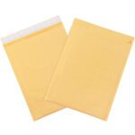 Two Kraft Lbs2 mailers, 8 1/2 x 12, rest on a white background. One is open with its self-seal adhesive strip exposed, the other partially overlaps face down. Both feature an easy tear strip for convenience.