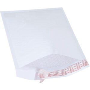 Image of the MH-USA 8 1/2 x 12 White Lbs2 Self-Seal Bubble Mailer from a 25-pack, showcasing its peel-and-seal adhesive strip. Positioned at an angle to reveal the protective bubble-lined interior and efficient self-sealing mechanism.