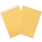 Two 8 1/2 x 14 1/2 yellow Kraft bubble mailers from the Freight Saver Pack are shown; one lies flat displaying the front, and the other is angled to reveal the self-seal flap and tear strip. These Lbs3 mailers ensure protected shipments.