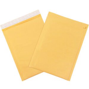 Against a white backdrop, two yellow padded envelopes stand slightly overlapping. These 8 1/2 x 14 1/2 Kraft Lbs3 Self-Seal Bubble Mailers with Tear Strip offer a convenient sealable strip and tear strip for easy access.