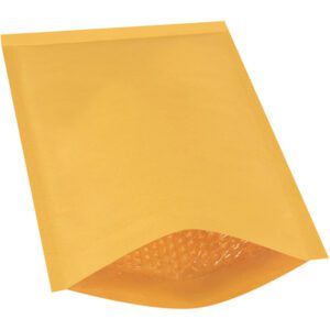 A yellow 9 1/2 x 14 1/2 Kraft envelope from the Lbs4 Heat-Seal Bubble Mailers (25 Pack) features a partially open flap showing bubble wrap lining, photographed on a white background.