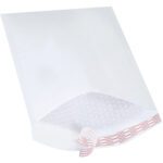 An open MH-USA 9 1/2 x 14 1/2 white bubble mailer reveals its bubble wrap lining, with a partially exposed peel-and-seal adhesive strip, angled on a plain background; part of the Lbs4 Self-Seal Bubble Mailers (100/Case) set.