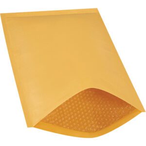 A yellow 12 1/2 x 19 kraft Lbs6 heat-seal bubble mailer with an open flap reveals the inner bubble wrap lining. This rugged design offers packs of 50 per case and is shown flat on a white background.