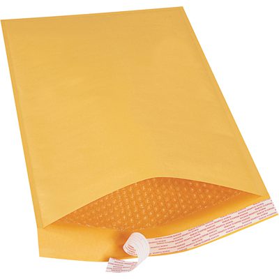 B859SSR.jpg The 12 1/2 x 19 Kraft Freight Saver Pack Lbs6 Self-Seal Bubble Mailers feature a peel-and-seal adhesive strip, with bubble wrap lining for protection; displayed slightly tilted on a white background.