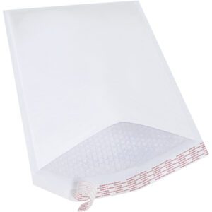 The MH-USA 12 1/2 x 19 White (25 Pack) Lbs6 Self-Seal Bubble Mailers reveal their padded texture with a partially peeled adhesive strip showing red text, ensuring secure packaging against a crisp white background.