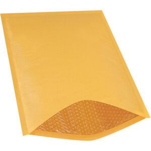 The yellow 14 1/4 x 20 Kraft Lbs7 Heat-Seal Bubble Mailer, with one open end, reveals its bubble wrap lining. Angled to show both its smooth exterior and inner texture, it offers a glimpse of its sturdy build.