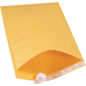 The 14 1/4 x 20 Kraft Lbs7 Self-Seal Bubble Mailers (50/Case) feature a peel-and-seal adhesive strip and protective bubble padding, ensuring safe shipping for your items. Displayed against a plain white background.