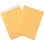 Two yellow 14 1/4 x 20 Kraft (Freight Saver Pack) self-seal bubble mailers are stacked; the left ones flap is partially open, showing its bubble layer, while the other is closed. Both feature a smooth exterior with tear strips.