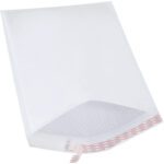 The MH-USA 14 1/4 x 20 white bubble mailer (25 pack) includes a slightly open flap with a protective bubble wrap lining and a peelable adhesive strip for easy sealing, ideal for secure shipping.