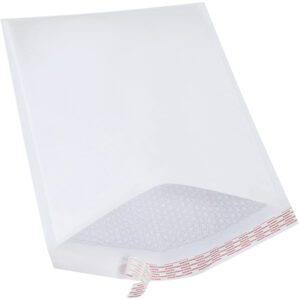 The MH-USA 14 1/4 x 20 white bubble mailer (25 pack) includes a slightly open flap with a protective bubble wrap lining and a peelable adhesive strip for easy sealing, ideal for secure shipping.