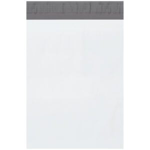 The MH-USA 9 x 12 Poly Mailers (1000/Case) are plain white with a secure black adhesive strip at the top, offering simplicity and functionality.