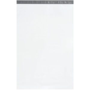The MH-USA 24 x 36 (100 Pack) Poly Mailer is a transparent bag with a gray adhesive strip for sealing, ideal for secure shipping on a clear surface against a white background.