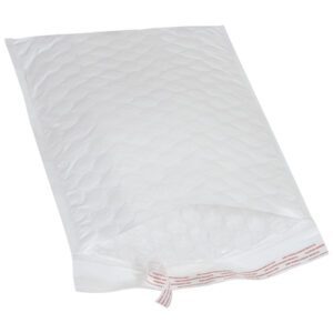 The 10 1/2 x 16 Jiffy Tuffgard Extreme® Bubble Lined Poly Mailer in white features a peel-and-seal strip and quilted padding for optimal protection. Ideal for reliable shipping, available in cases of 50.