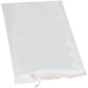 The 14 1/4 x 20 Jiffy Tuffgard Extreme® Bubble Lined Poly Mailers feature a textured surface with peel-and-seal adhesive, indicating the protective bubble padding inside for secure shipping. They come in a pack of 25 per case.