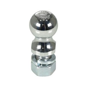 The Vestil Tow Ball 2K Lb Cap 1.875 In Diameter features a shiny, polished spherical top with engraved markings, includes a bolt and nut, and is presented against a plain white background.