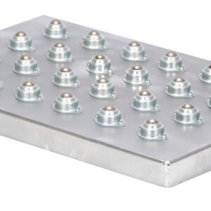 The Vestil Chrome Transfer Platform 18 In X 28 In features a metal plate with 25 ball bearings spaced in a perfect 5x5 grid.
