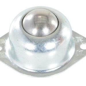 The Vestil Ball Transfer Flange Mount Single Ball features a shiny steel ball in a round, metallic housing with two mounting holes on its sturdy base, designed for efficient conveyor systems and material handling.