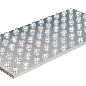 The Vestil Chrome Ball Transfer Platform 24 x 48 inches showcases an evenly spaced grid of conical raised bumps on its shiny metallic rectangular surface, reflecting light brilliantly and highlighting its unique texture when viewed at an angle.