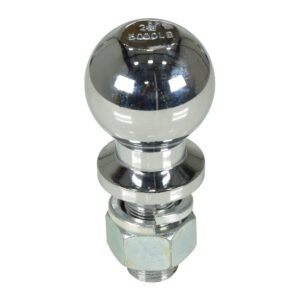 A gleaming metallic trailer hitch ball, featuring a threaded base and etched with 2 and 5000 LB, is reminiscent of the durable Vestil Tow Attachment 5K Lb Cap 2-5/16 In Dia, displayed against a plain white backdrop.