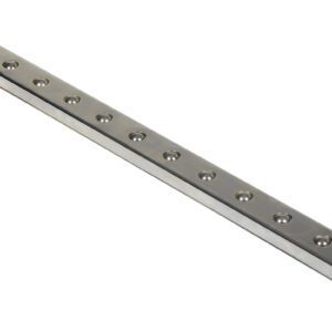 The Vestil Chrome Ball Transfer Strip, measuring 40 x 2.75 inches, boasts a sleek metallic rail with evenly spaced circular holes on a white background and a reflective surface that exudes sturdiness and precision.