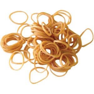 A pile of MH-USA 1/16 x 1 1/4 Rubber Bands (10 Lbs/Case) scattered on a white background. The tan, circular, elastic bands are ideal for securing items together.
