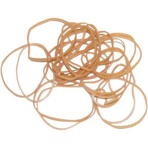 A stack of MH-USA 1/16 x 2 Rubber Bands (10 Lbs/Case) is arranged randomly on a white background, with the thin, circular bands slightly overlapping to highlight their functionality.