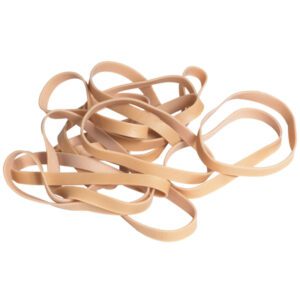 A pile of MH-USA 1/4 x 2 1/2 Rubber Bands (10 Lbs/Case), loosely tangled in light brown, creates a layered look against the white background. Thin and flat, these bands are subtly textured.