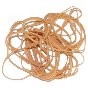 A tangled pile of thin, light brown MH-USA 1/16 x 3 Rubber Bands (10 lbs/case).