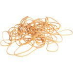 A heap of MH-USA 1/16 x 3 1/2 Rubber Bands (10 Lbs/Case) is scattered on a white background, varying in size and forming a tangled mass.