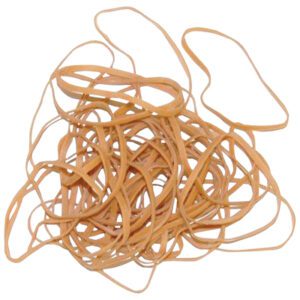 A heap of interwoven MH-USA 1/8 x 3 1/2 rubber bands, light brown against a white background, highlights the convenience of the 5 Lb. bulk case for all your organizational needs.