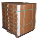 A large stack of cardboard boxes is neatly arranged on a blue wooden pallet, secured with green plastic straps and Vestil Jumbo Rubber Bands-Pallet 45 In Long. The boxes have white labels on the sides, set against a plain white background.