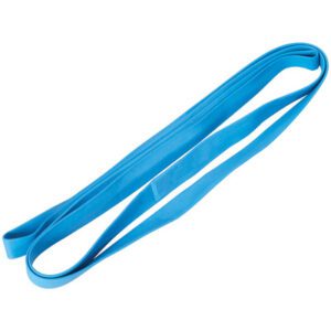 A blue resistance band, similar to the MH-USA 3/4 x 72 Standard Pallet Band (50/Case), is coiled loosely against a pristine white background.
