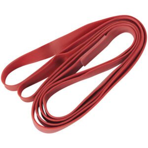 A red MH-USA 3/4 x 92 Standard Pallet Band (50/Case) is coiled neatly into a loop on a white background, highlighting its durability and tidy form.
