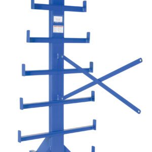 The Vestil Warehouse Rack Add-On Double-Sided 62In is a blue metal rack featuring multiple horizontal arms, a sturdy base, and two diagonal supports for enhanced stability.