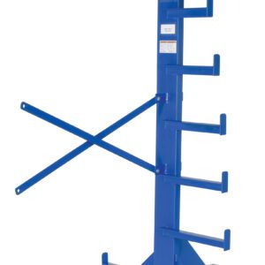 The Vestil Warehouse Rack Add-On Single-Sided 62In is a blue cantilever rack featuring 62-inch horizontal arms for efficient storage, with a stable base and dual diagonal supports for added reinforcement.