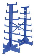 The Vestil Warehouse Rack Starter Double-Sided 84In is a blue metal cantilever rack with multiple shelves, ideal for long, heavy items. Its sturdy base and adjustable arms provide versatile support for various load sizes.