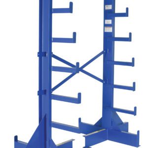 The Vestil Warehouse Rack Starter Single-Sided 84In features blue metal storage racks with multiple horizontal arms, standing 84 inches tall. Its perfect for organizing materials and has a heavy-duty design ideal for holding long items like pipes or lumber.